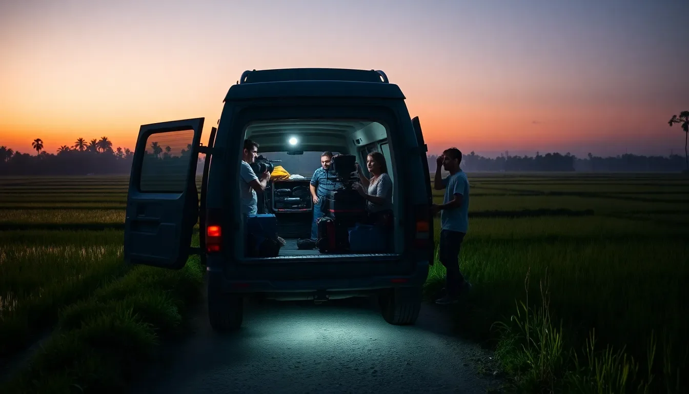 Professional film crew working on location in Vietnam with modern equipment